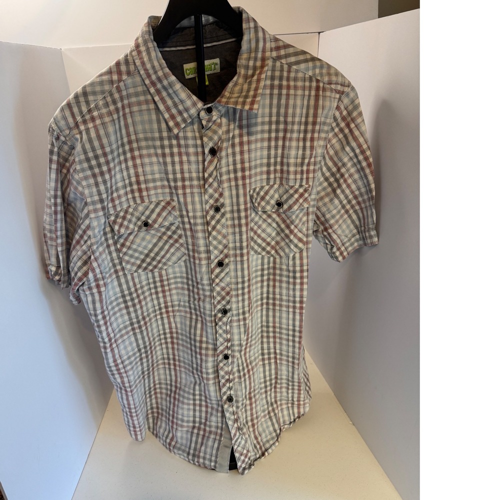 Cariloha Mens XL Bamboo Blend Plaid Short Sleeve Button Down Shirt Blue Red